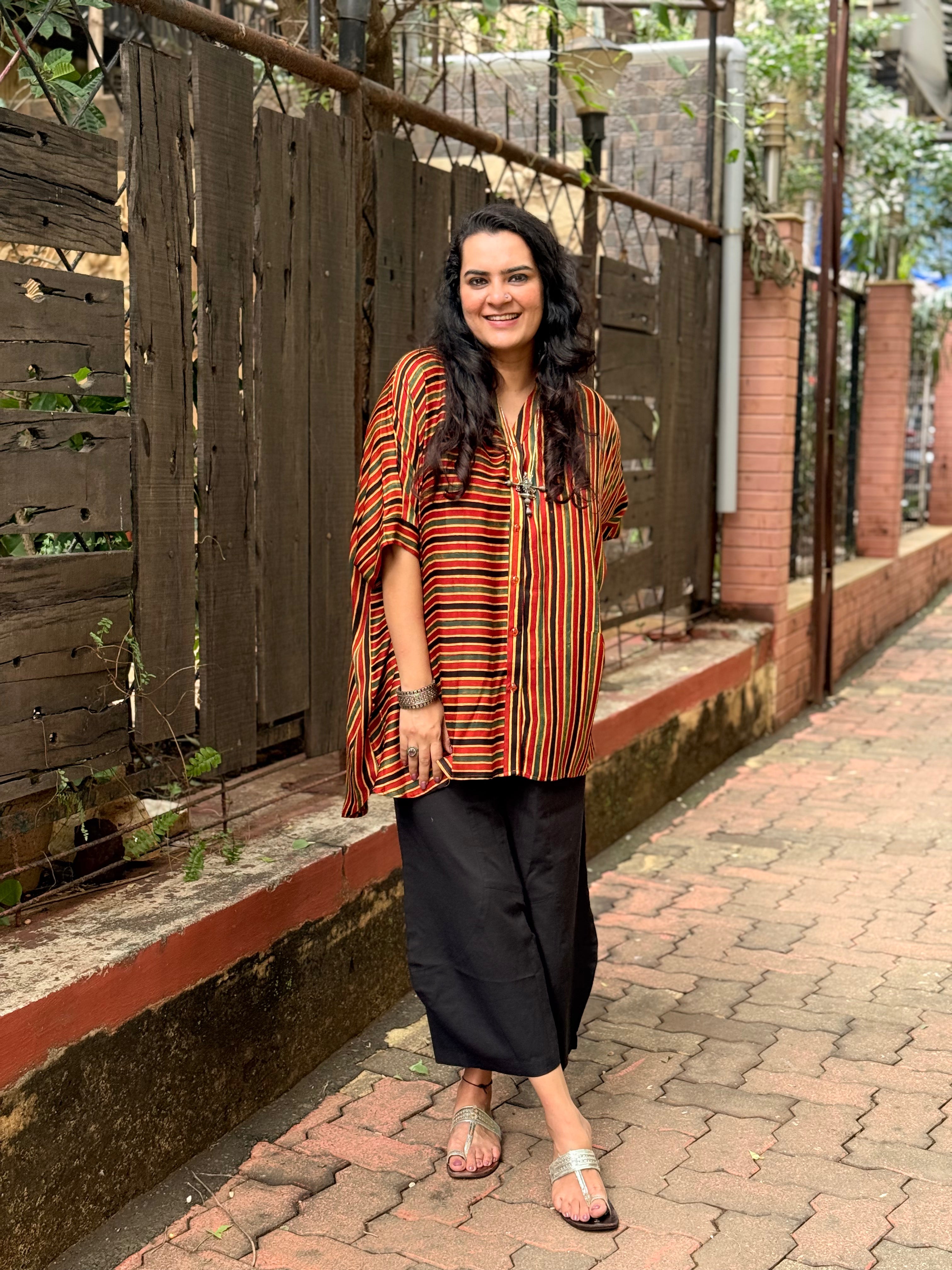 Ajrak Stripe Kaftan Shirt - Red