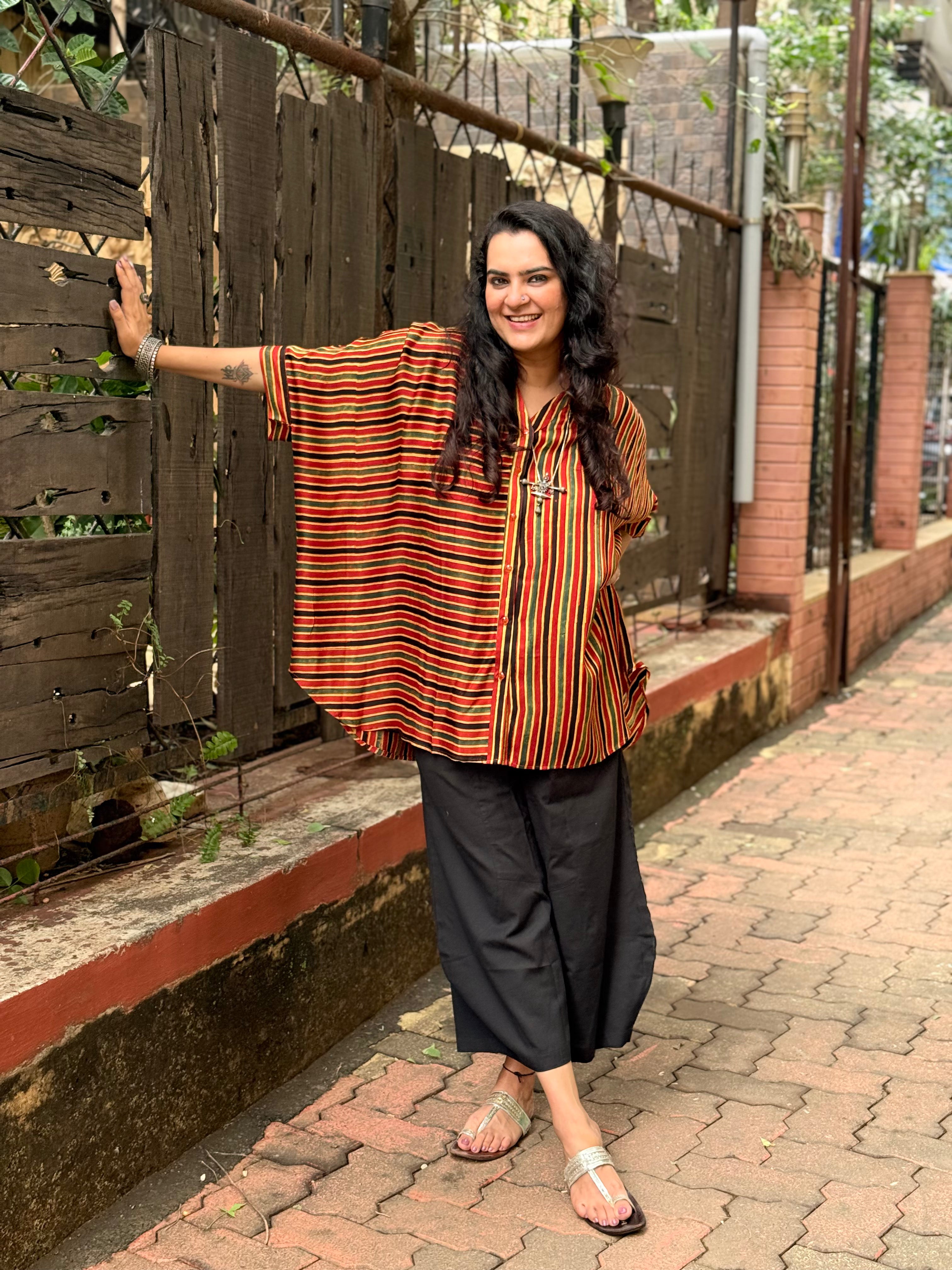 Ajrak Stripe Kaftan Shirt - Red