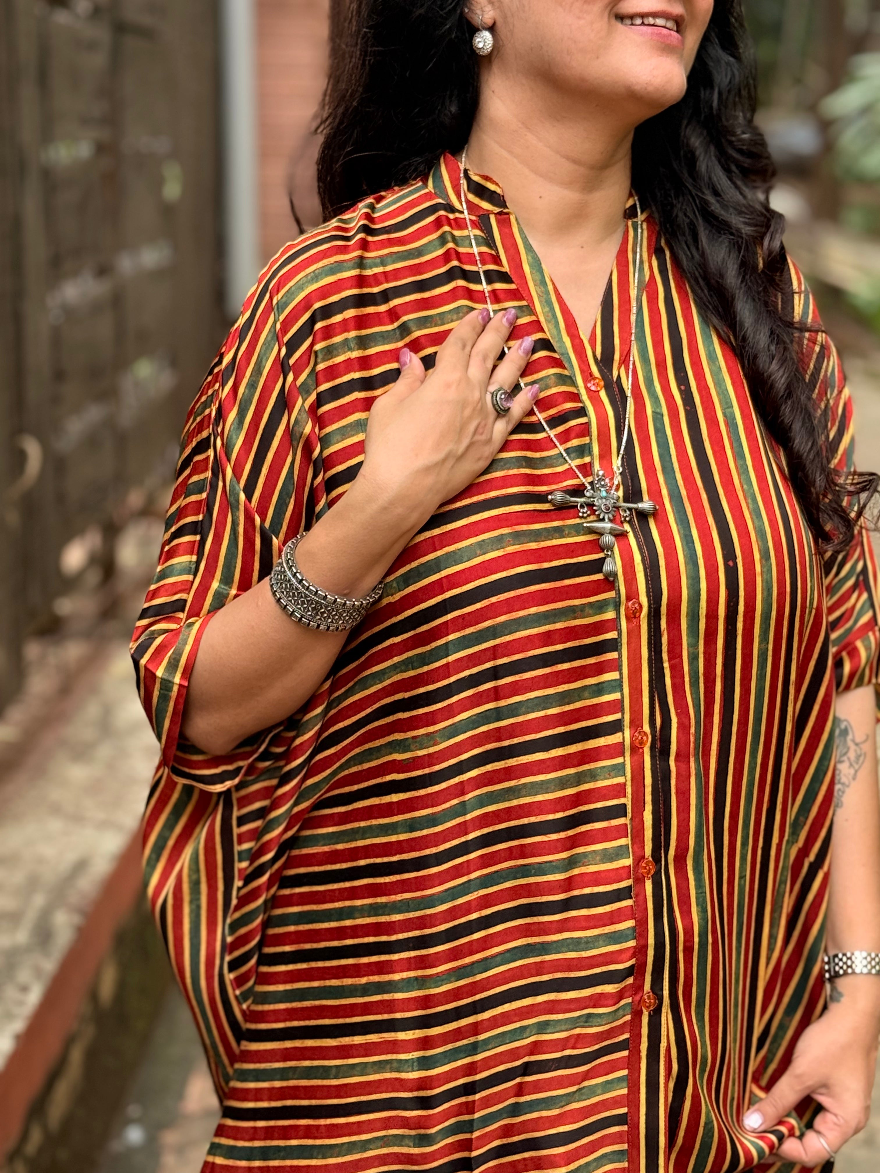 Ajrak Stripe Kaftan Shirt - Red