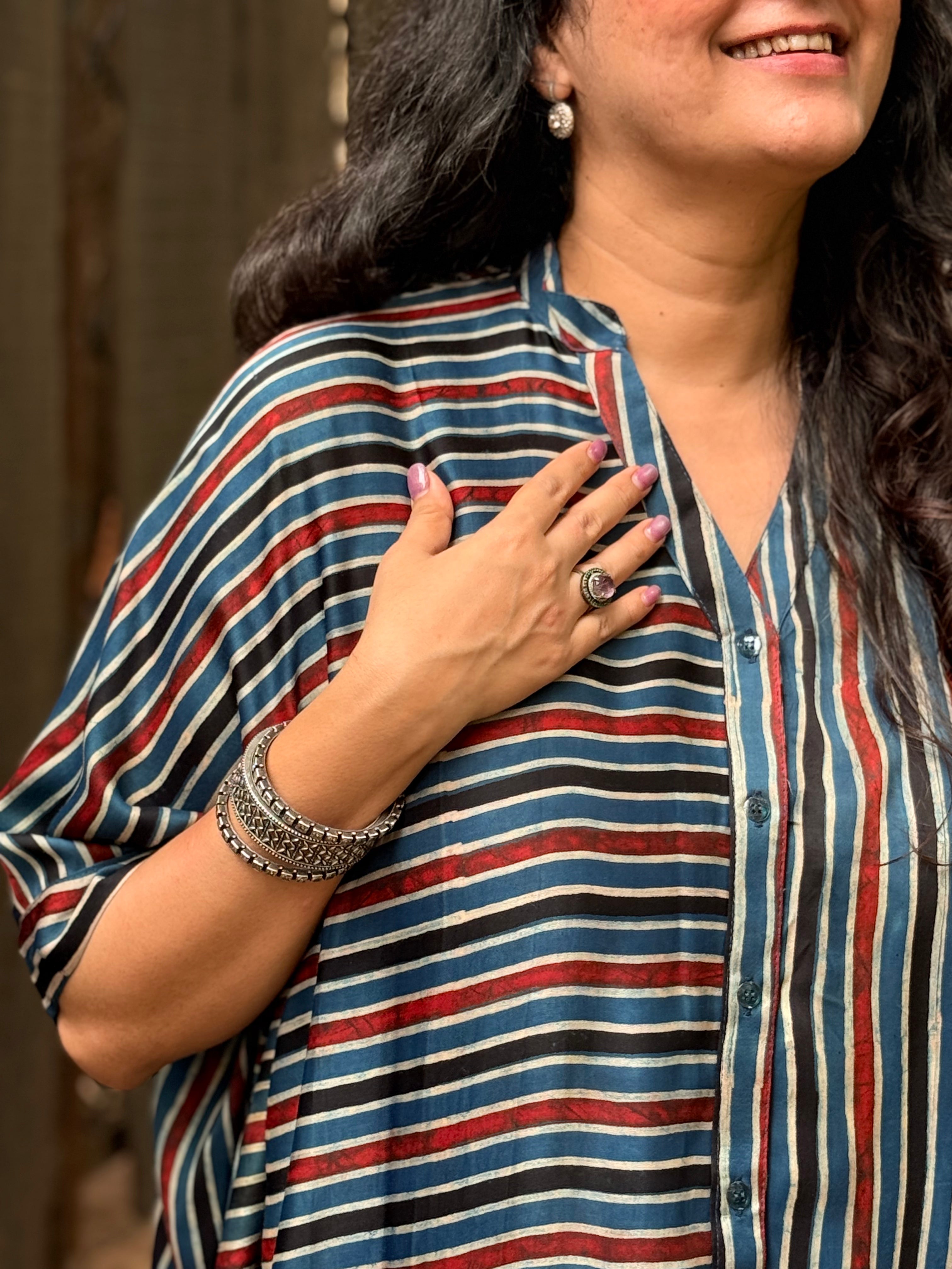 Ajrak Stripe Kaftan Shirt - Indigo