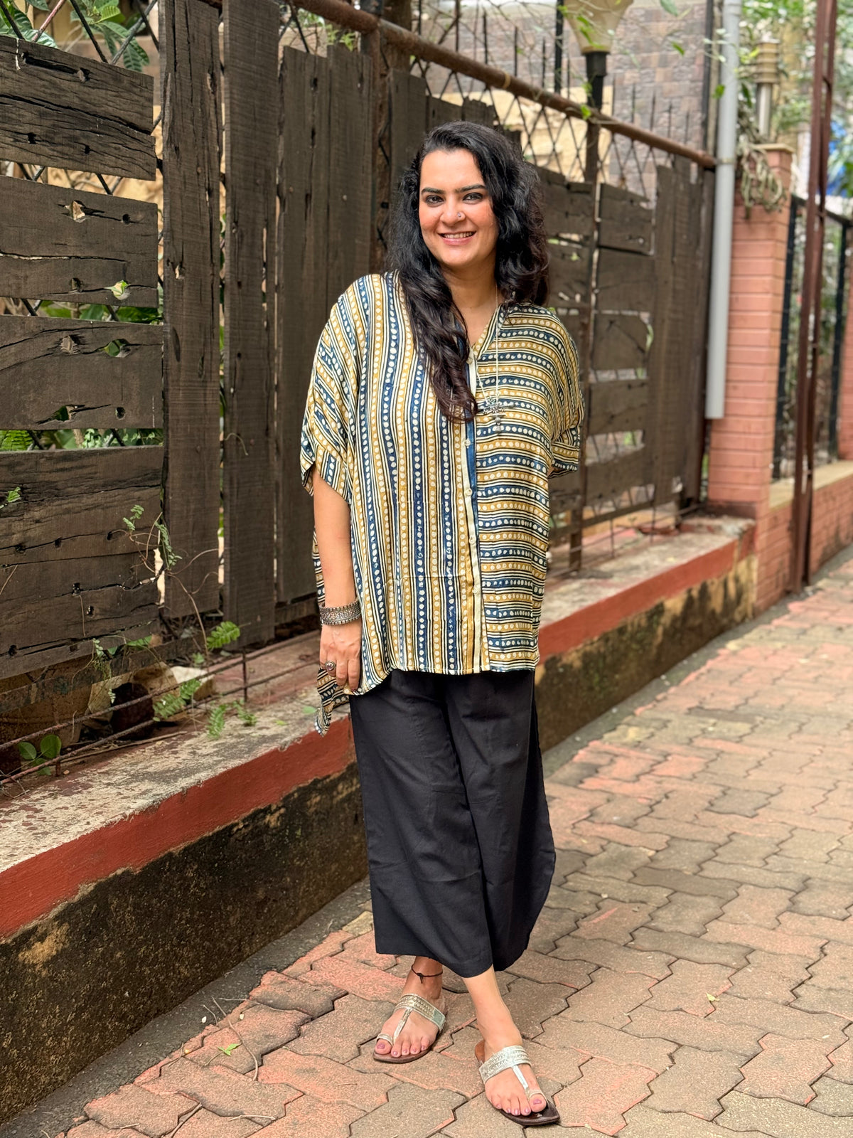 Ajrak Dot & Line Kaftan Shirt - Off White
