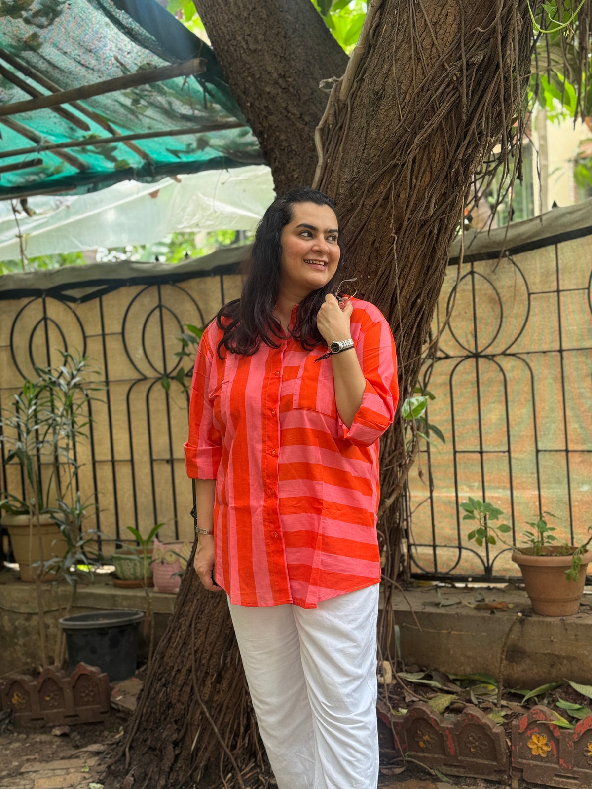 Stripe Oversized Shirt Orange Pink