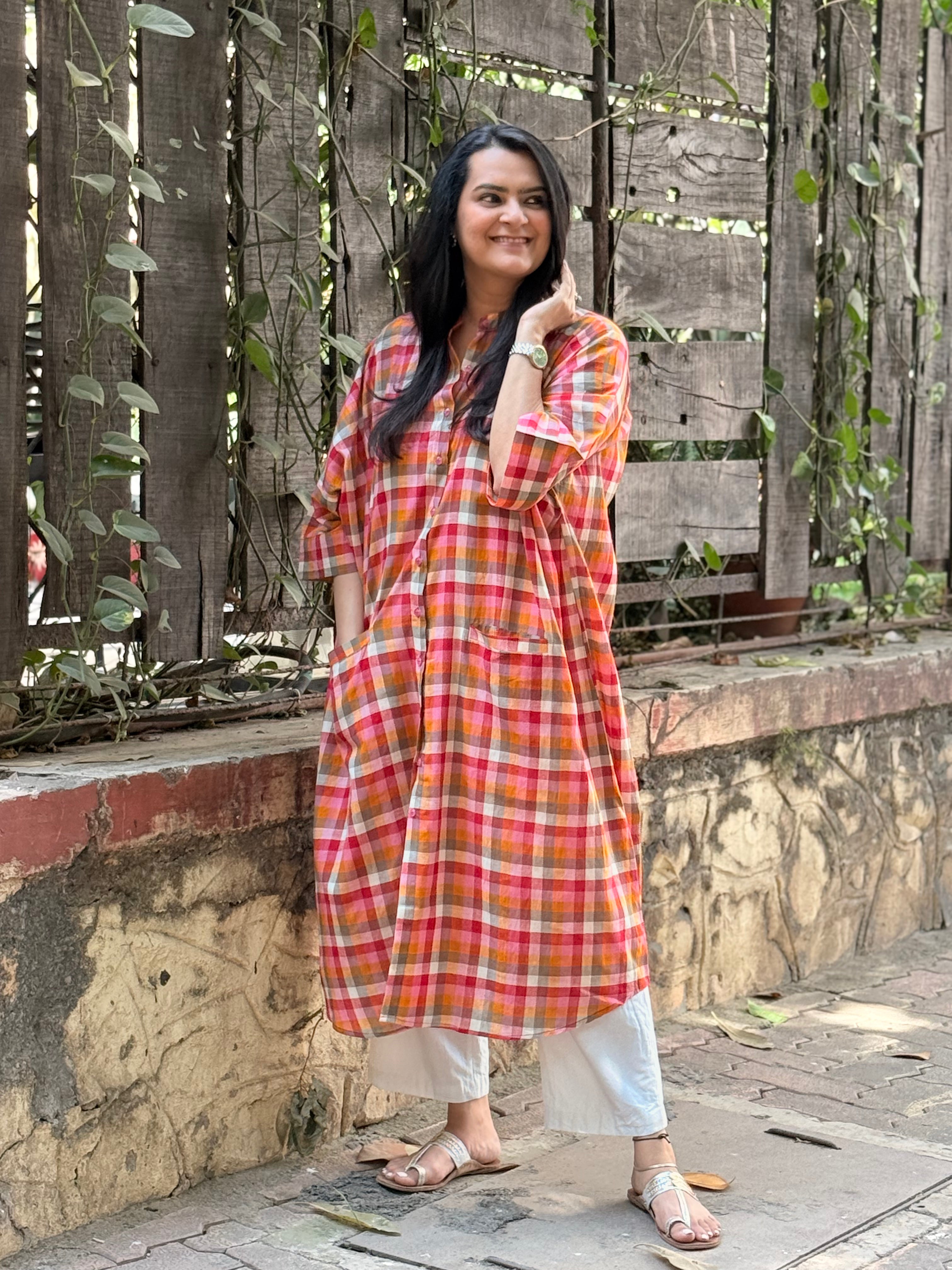 Madras Check Antifit Kurta - Red