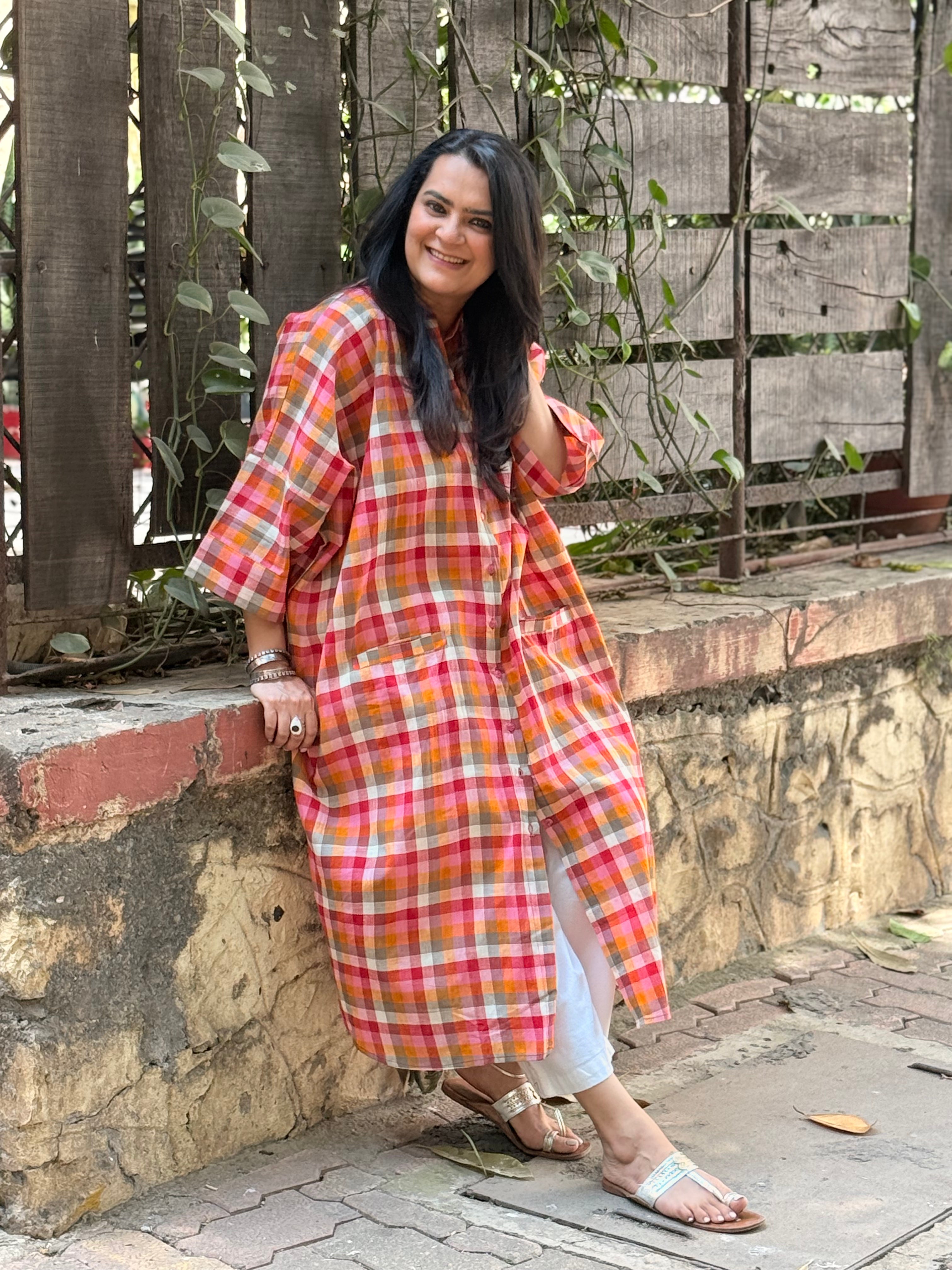 Madras Check Antifit Kurta - Red