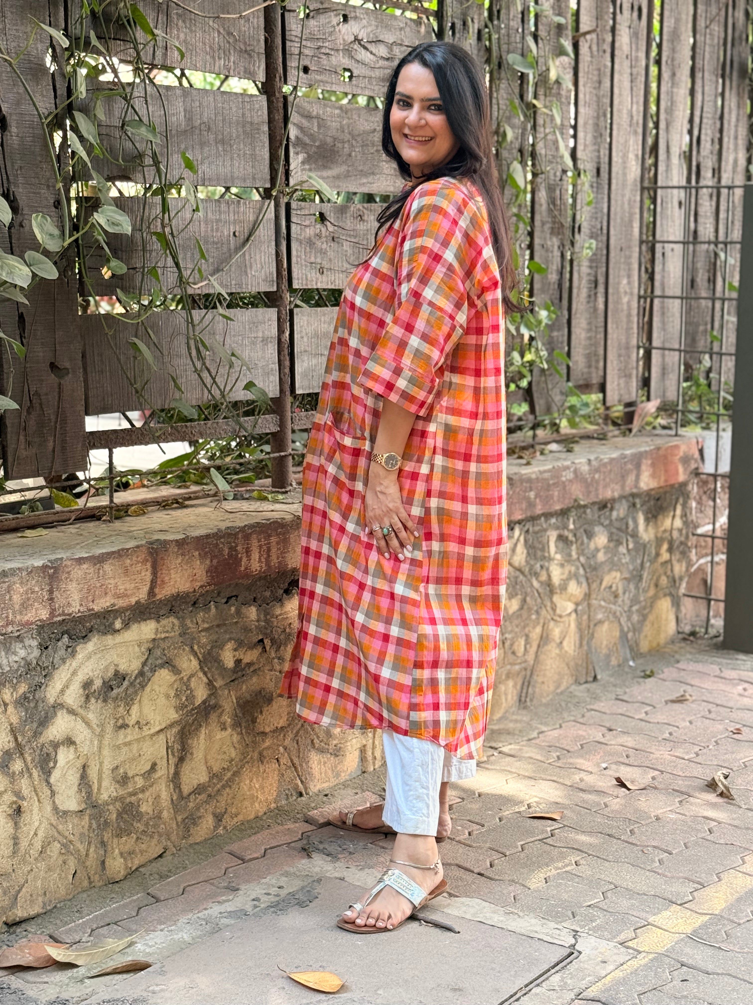 Madras Check Antifit Kurta - Red
