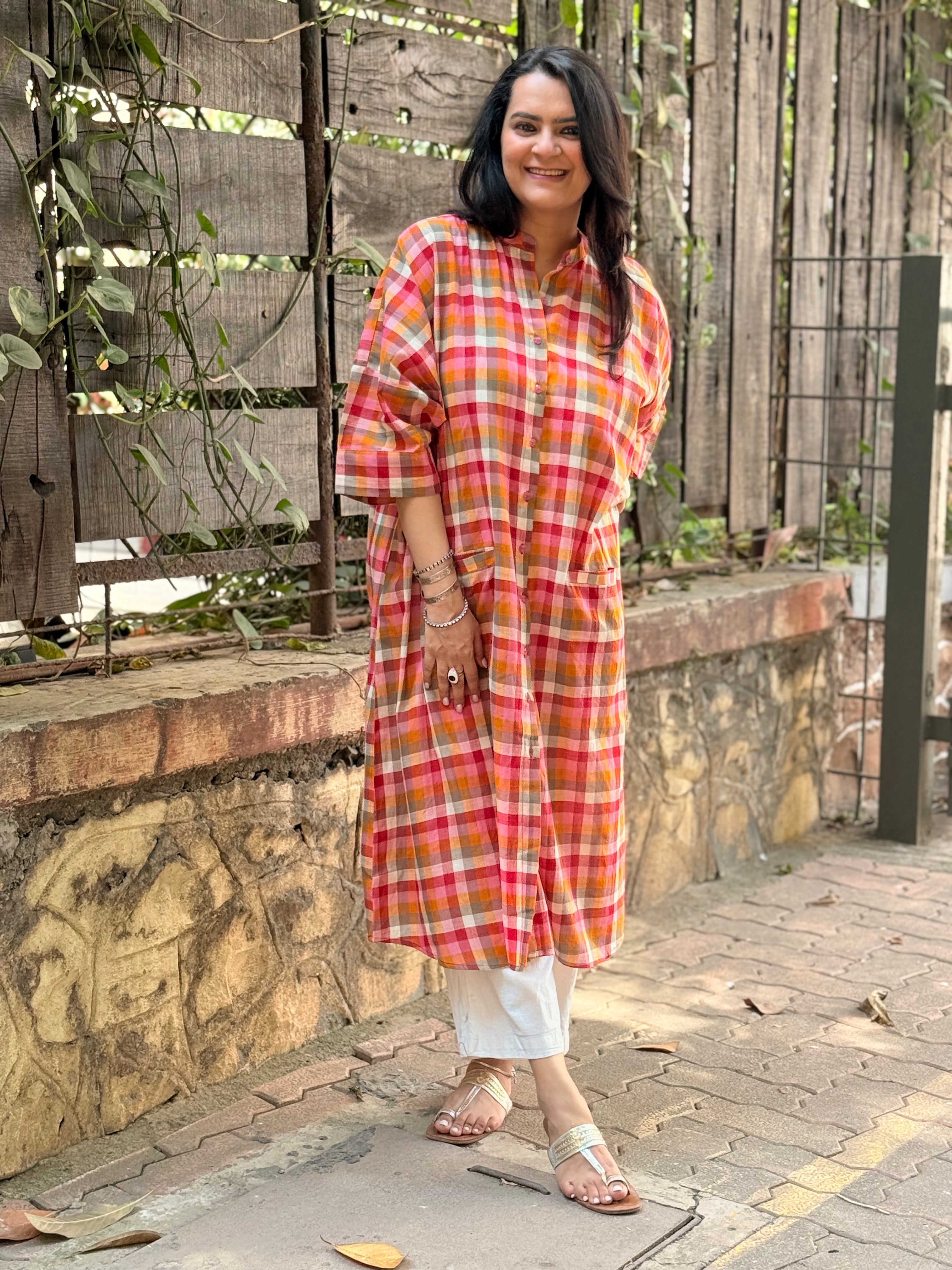 Madras Check Antifit Kurta - Red