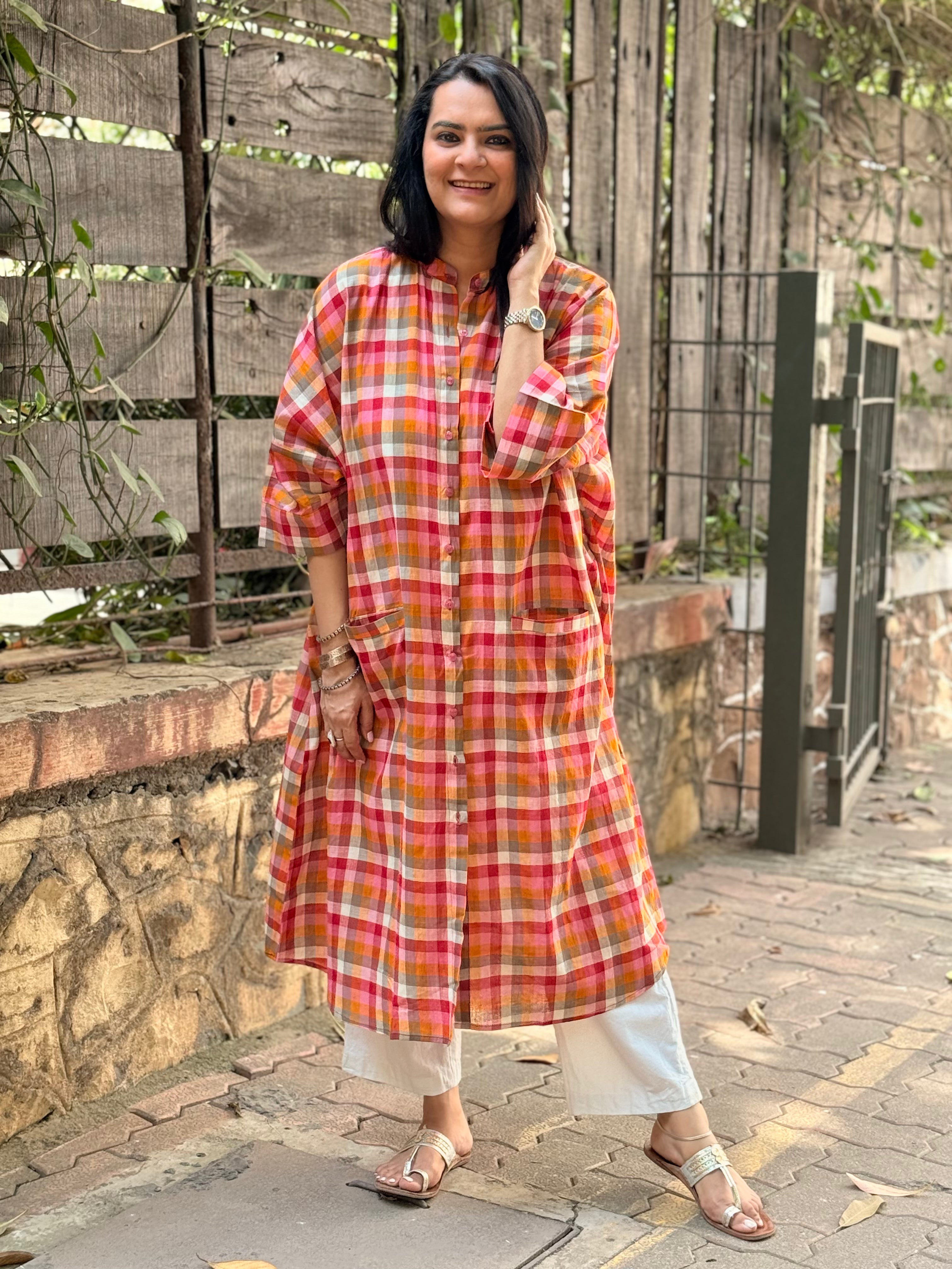 Madras Check Antifit Kurta - Red