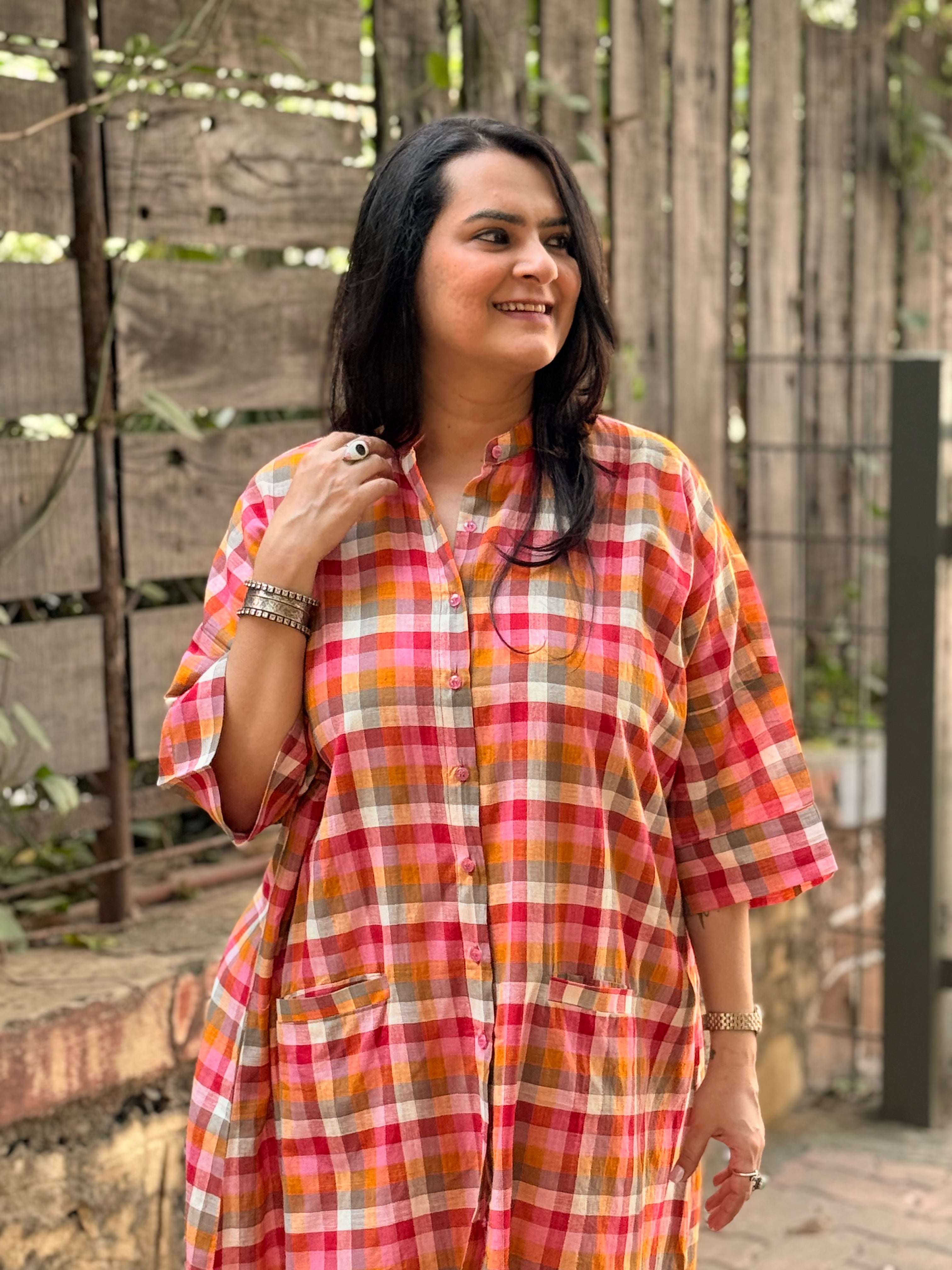 Madras Check Antifit Kurta - Red