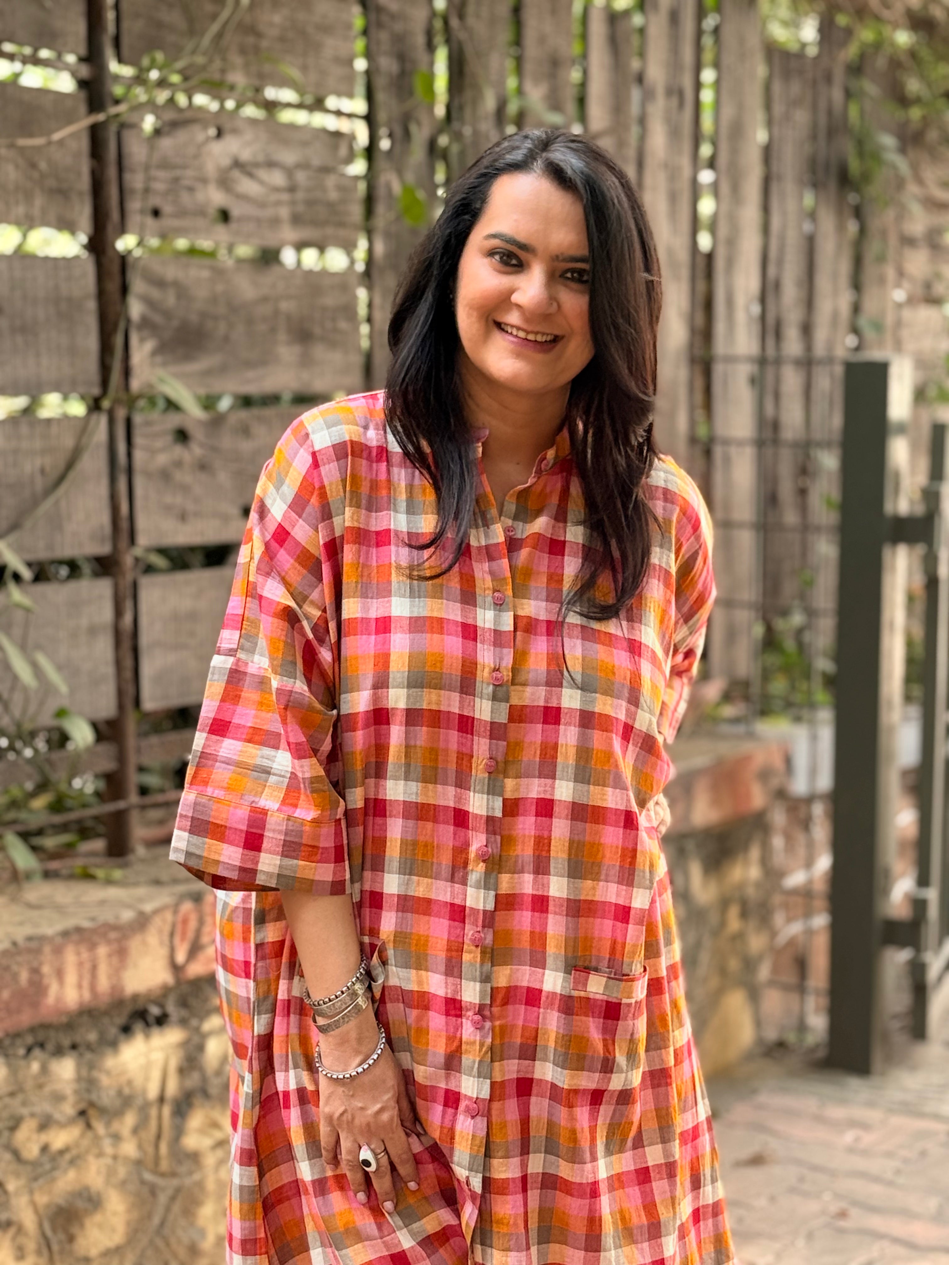 Madras Check Antifit Kurta - Red
