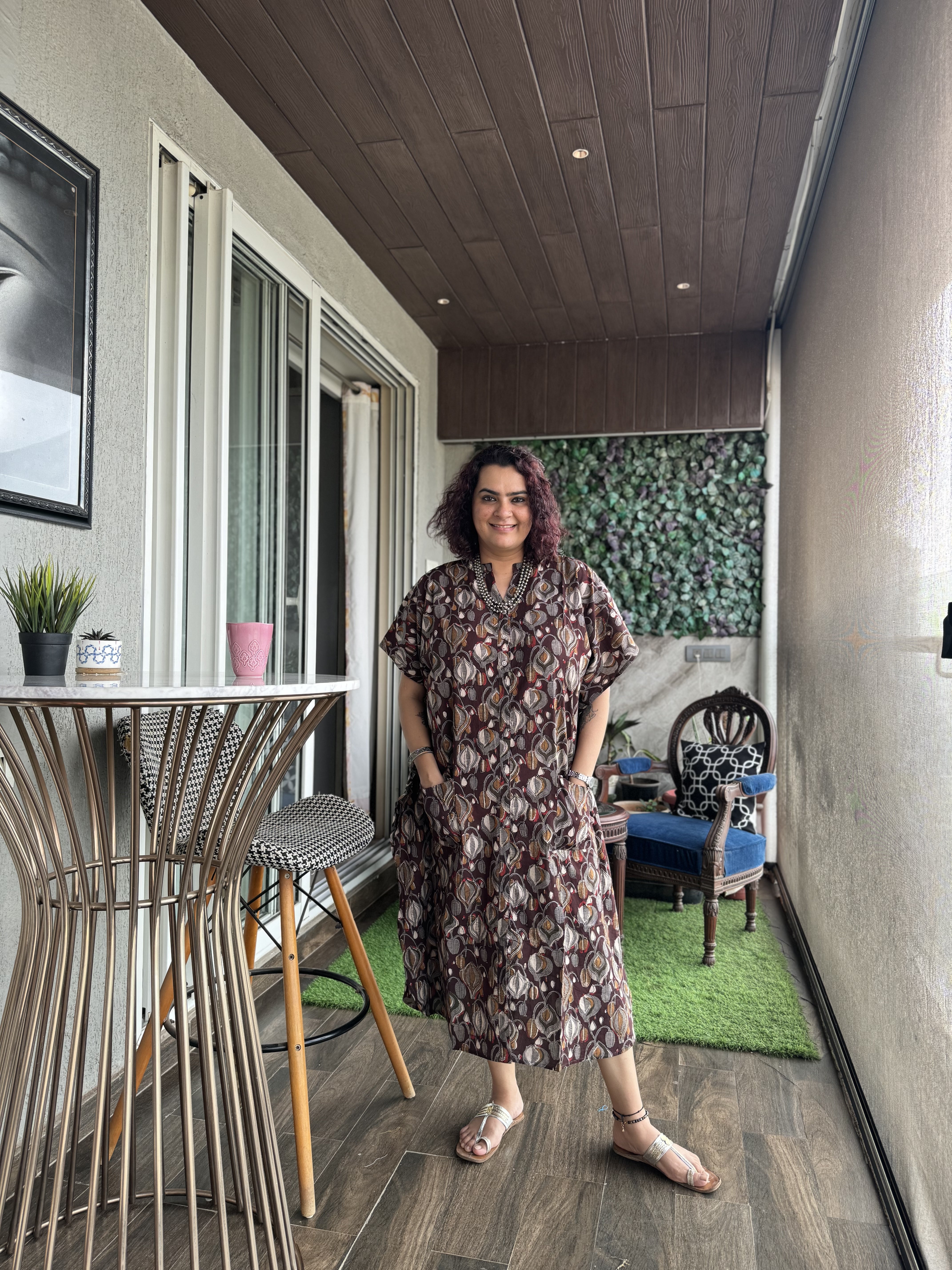 Wine Printed Buttoned Kaftan